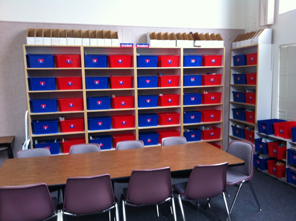 Book Room Complete 1 Book room remodel with new plastic bins for books
